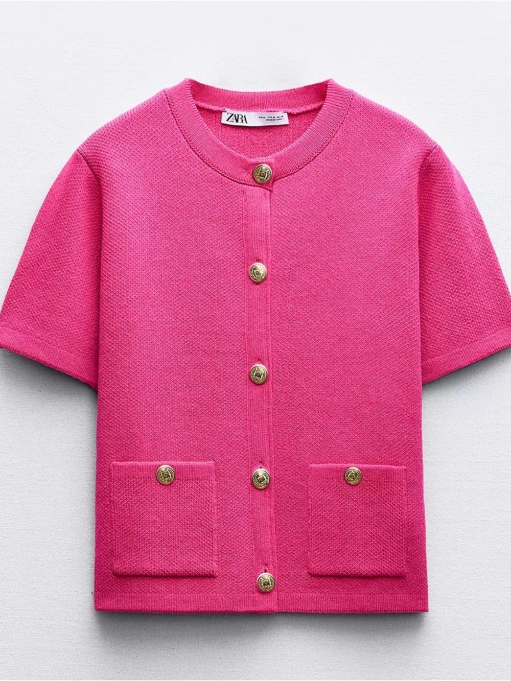 Zara Women’s Hot Pink Short-Sleeve Button Cardigan with Gold Buttons